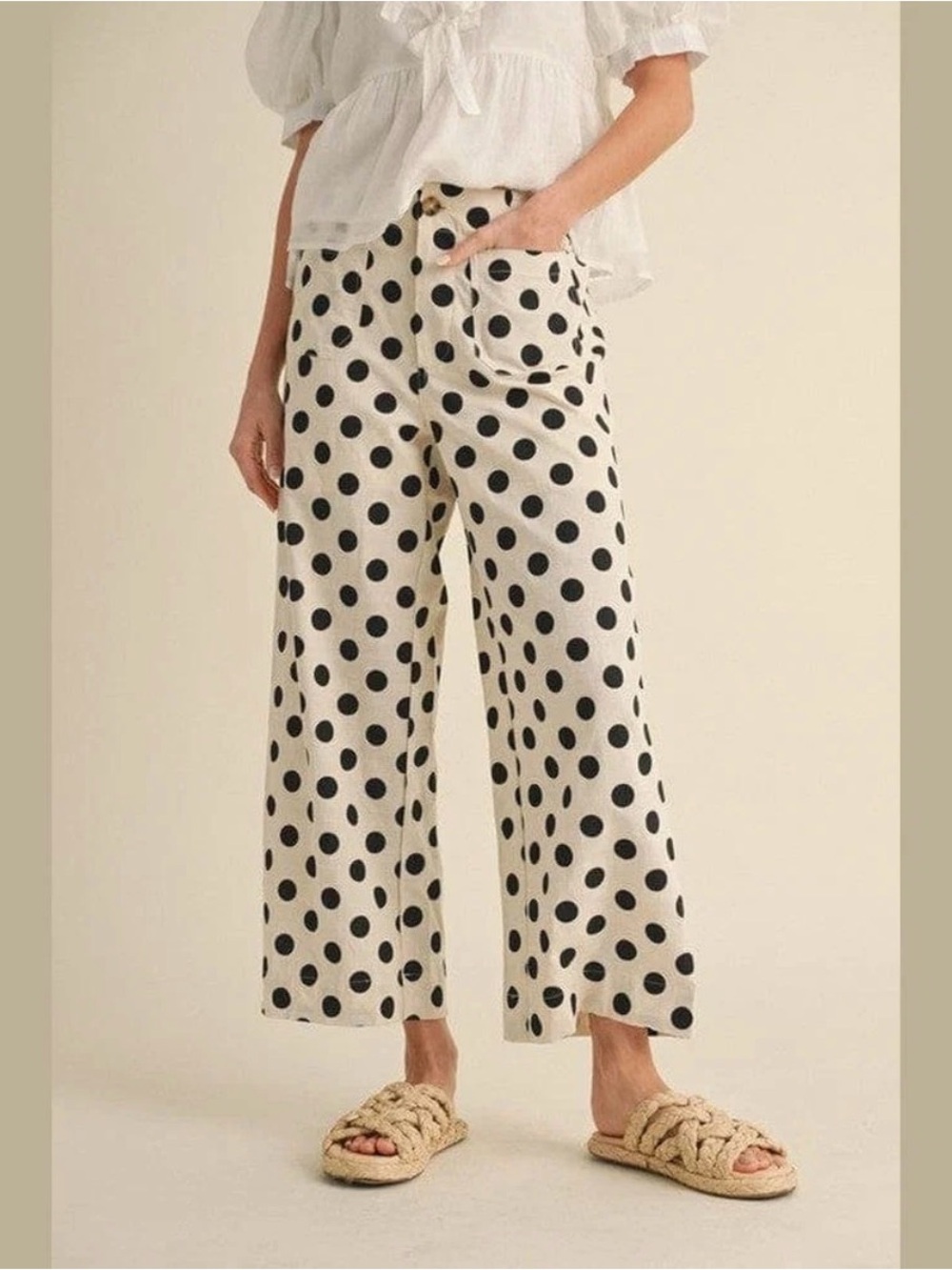 JODIFL Polka Dot Wide-Leg Pants - Black on Cream- M